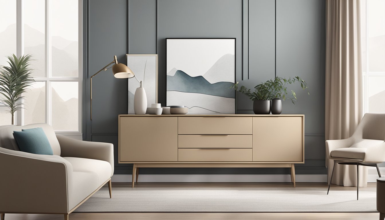 A sleek, minimalist sideboard stands against a backdrop of contemporary furniture. Clean lines and a neutral color palette give off a modern and sophisticated vibe