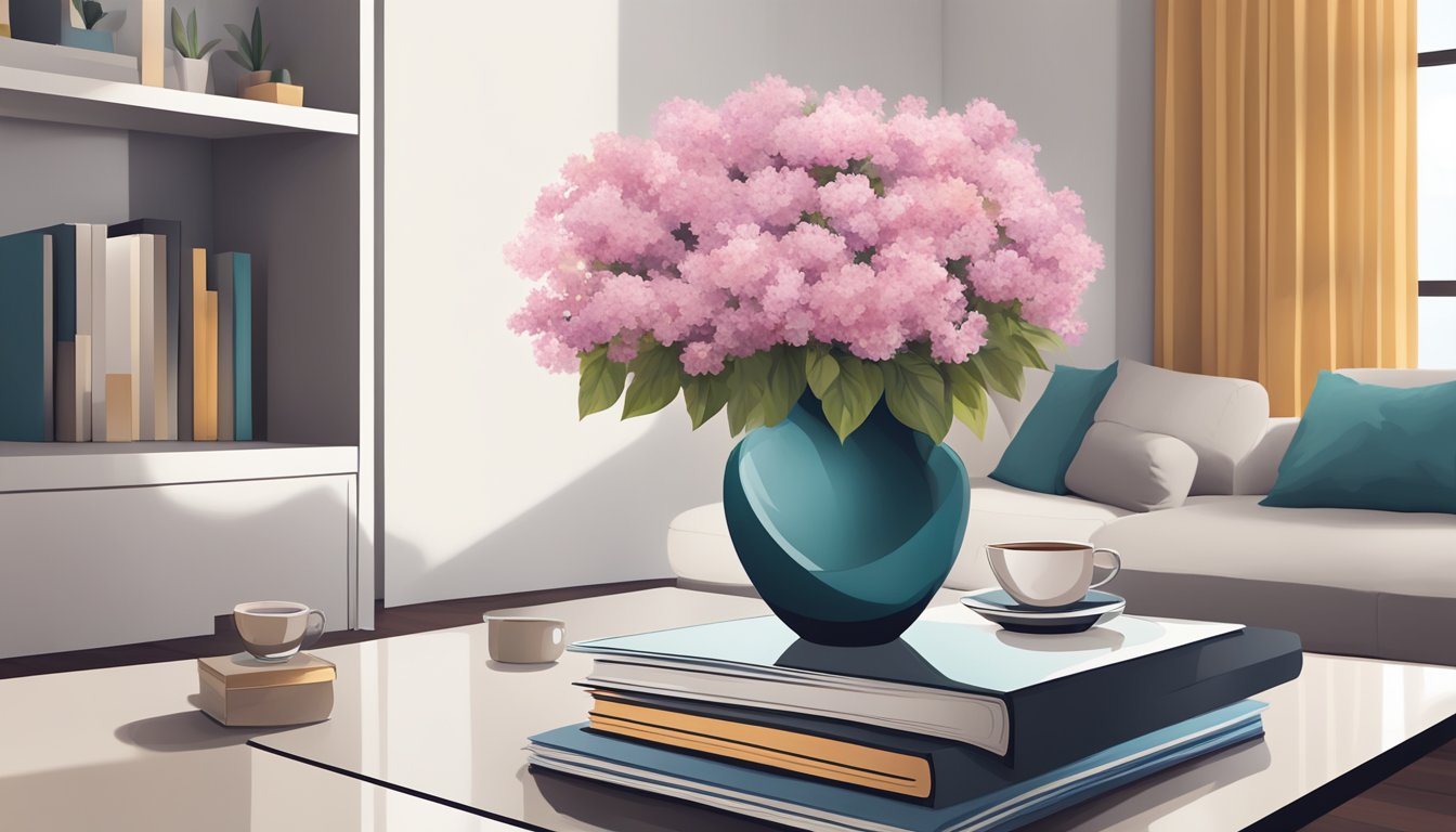 A vase of fresh flowers sits on a sleek, modern living room table, surrounded by a few carefully arranged coffee table books and a decorative bowl