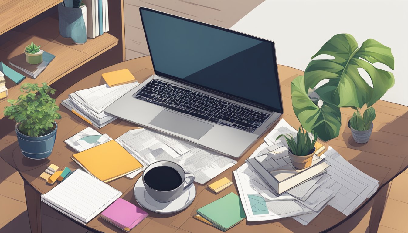 A living room table with scattered papers, a laptop, and a stack of books. A mug and a potted plant sit on the table