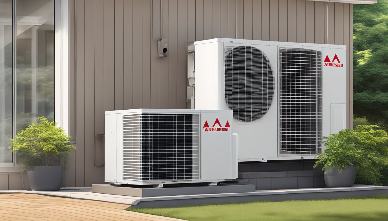 A Mitsubishi air conditioning system 2, with indoor and outdoor units connected by refrigerant pipes, installed in a residential setting