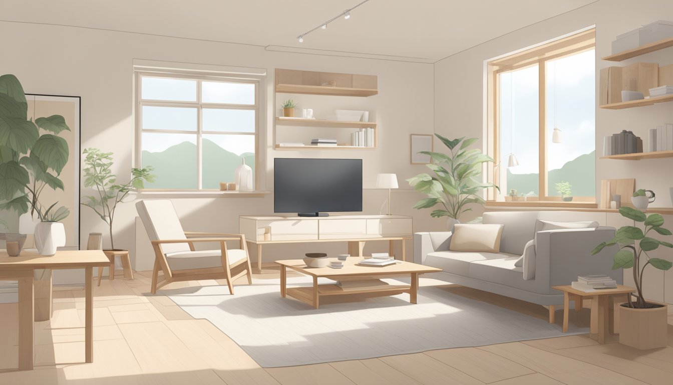 A clean, minimalist Muji interior with natural light, neutral color palette, and simple, functional furniture
