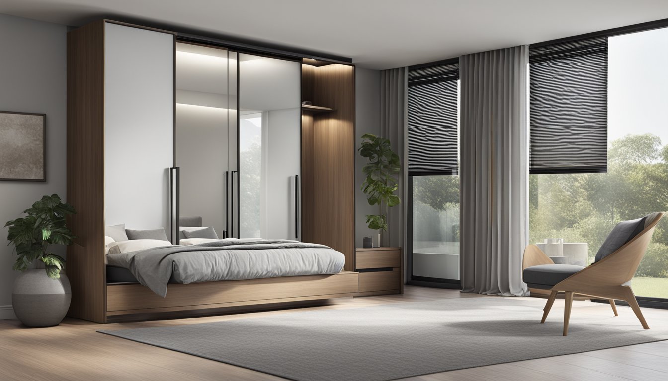 A sleek, modern sliding wardrobe in a stylish bedroom setting with clean lines and minimalistic design