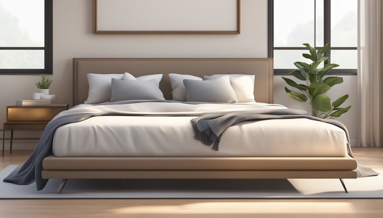 A single mattress sits on a sleek bed frame, surrounded by soft pillows and a cozy blanket. The room is filled with warm natural light, creating a peaceful and inviting atmosphere