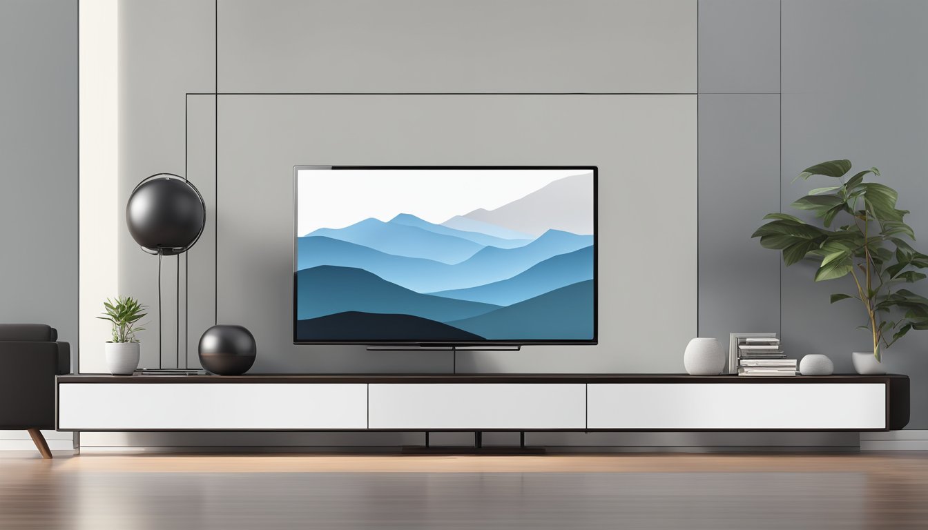 A sleek, modern tv console stretches along the wall, with clean lines and minimalistic design