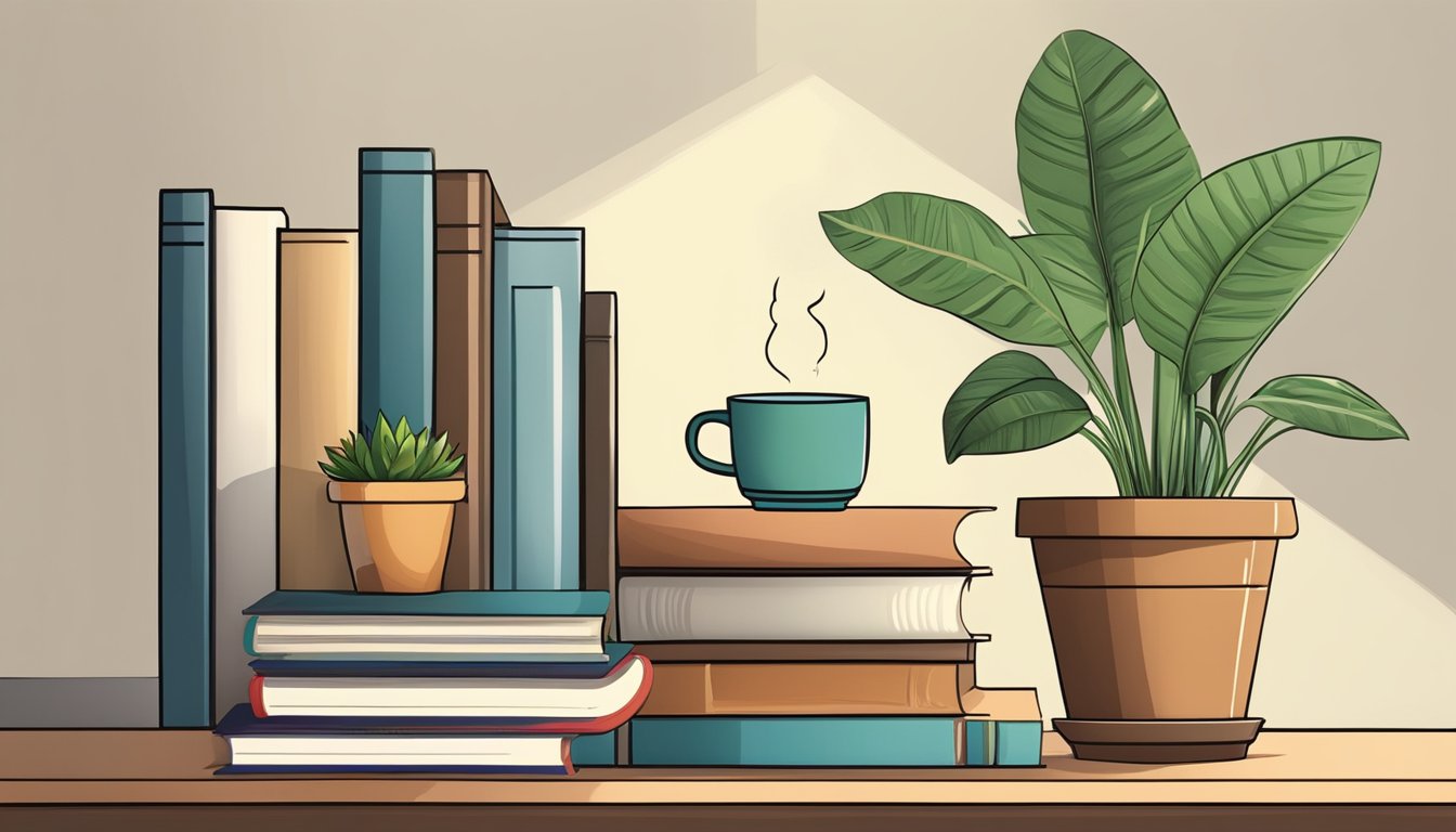 A table shelf holds books, a potted plant, and a cup. The surface is clean and organized, with a lamp providing warm light