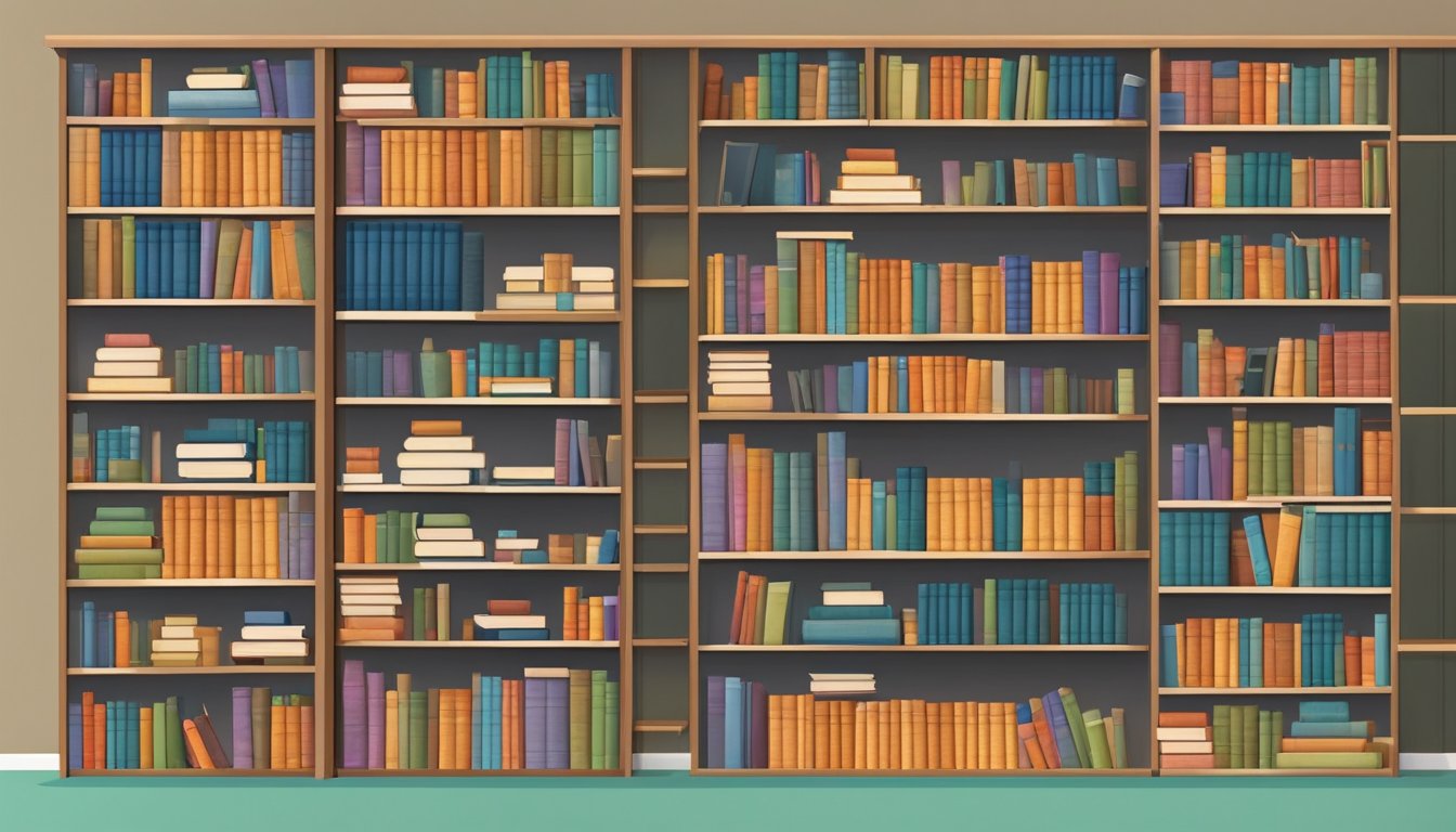 A tall bookshelf filled with books of various sizes and colors, standing against a plain wall with a few decorative items placed on the shelves
