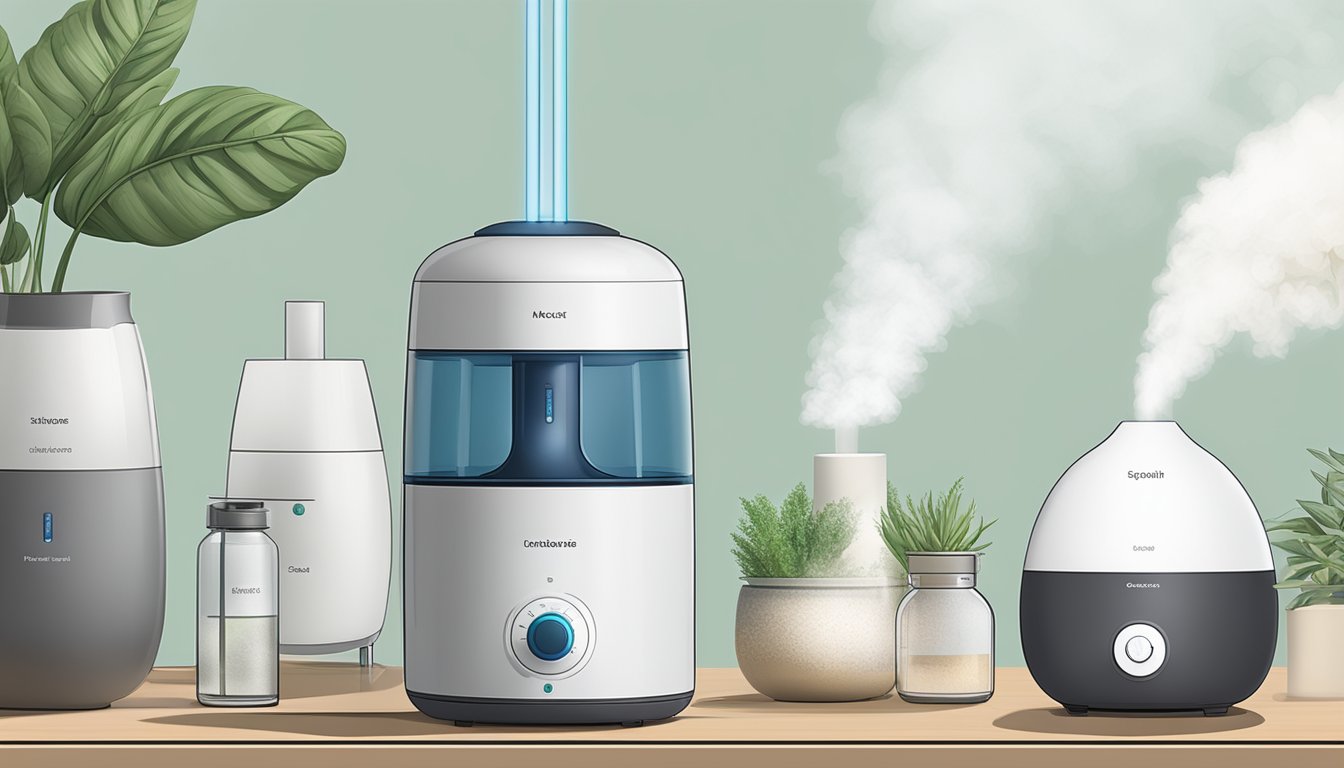 A humidifier and diffuser sit side by side, emitting mist and fragrance. Labels clarify their differences