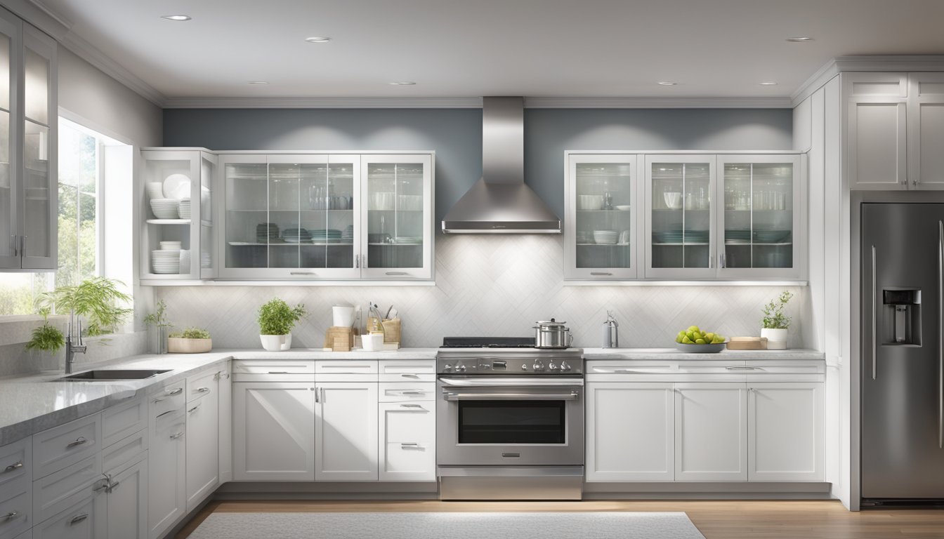 Sleek, white modern kitchen cabinets with chrome hardware and integrated lighting. Glass-front upper cabinets showcase stylish dinnerware