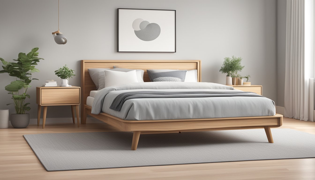A wooden expandable bed frame stands in a minimalist bedroom, with clean lines and a natural finish