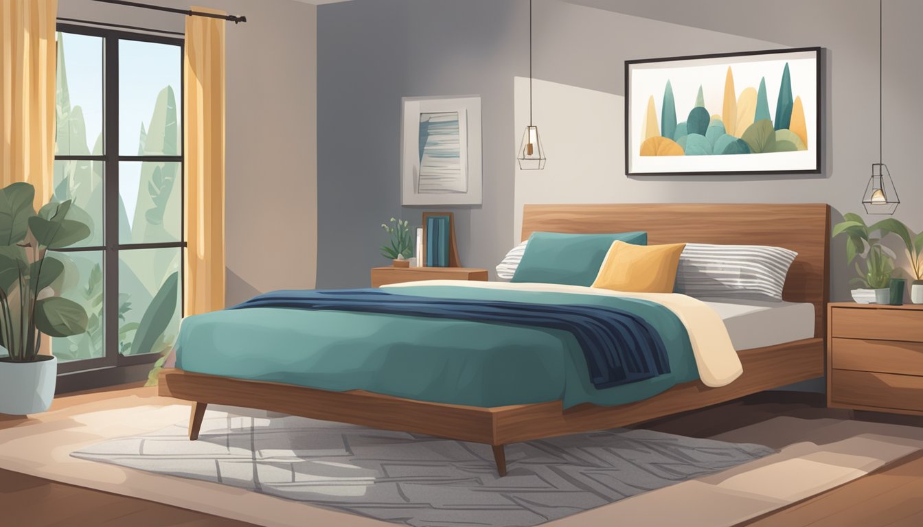 A cozy bedroom with a single mattress prominently displayed, surrounded by soft pillows and warm blankets. A sign advertises "Maximise Comfort and Savings" in bold letters