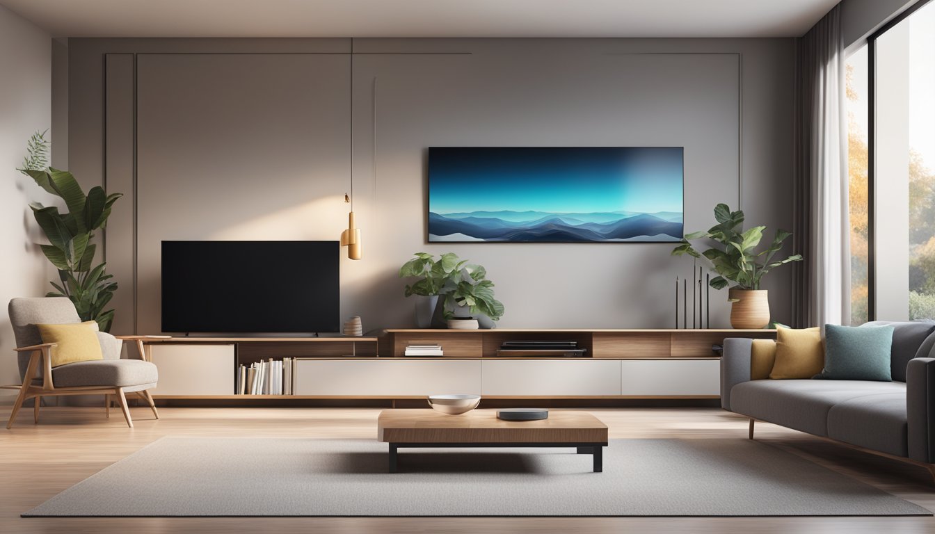 A sleek, modern long TV console with clean lines and a glossy finish. It is adorned with minimalistic decor and surrounded by a cozy living room setting