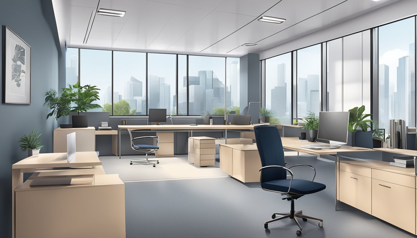 A modern office with sleek furniture, clean lines, and a professional atmosphere