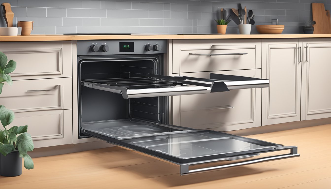 A built-in oven is being removed from a cabinet. Tools and parts are laid out nearby for the replacement process