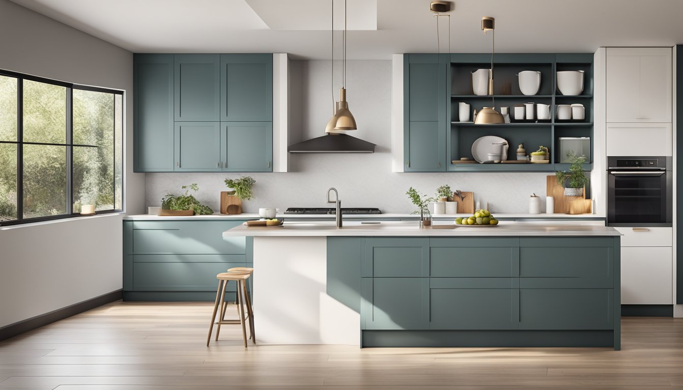 Sleek, handle-less cabinets in a spacious, well-lit kitchen with clean lines and modern appliances