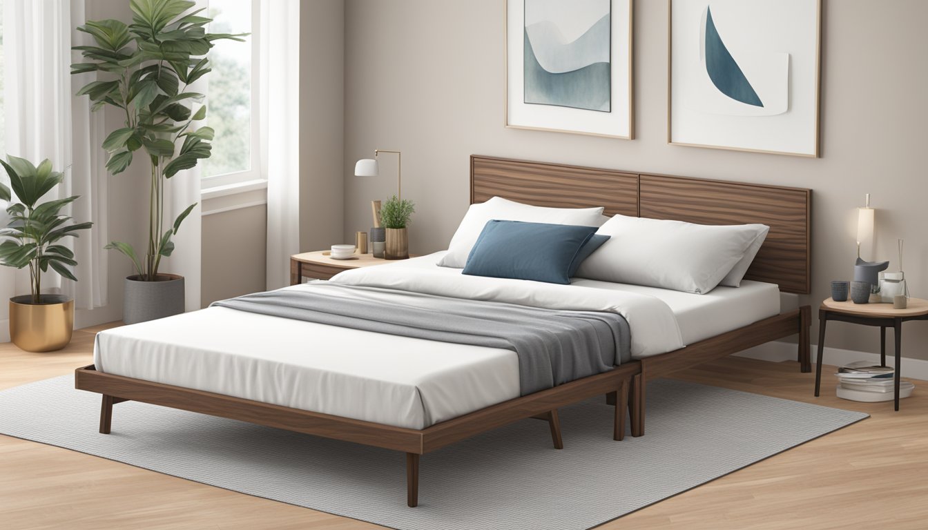 An expandable bed frame made of wood, with sleek and modern design, showcasing the versatility and durability of the materials used