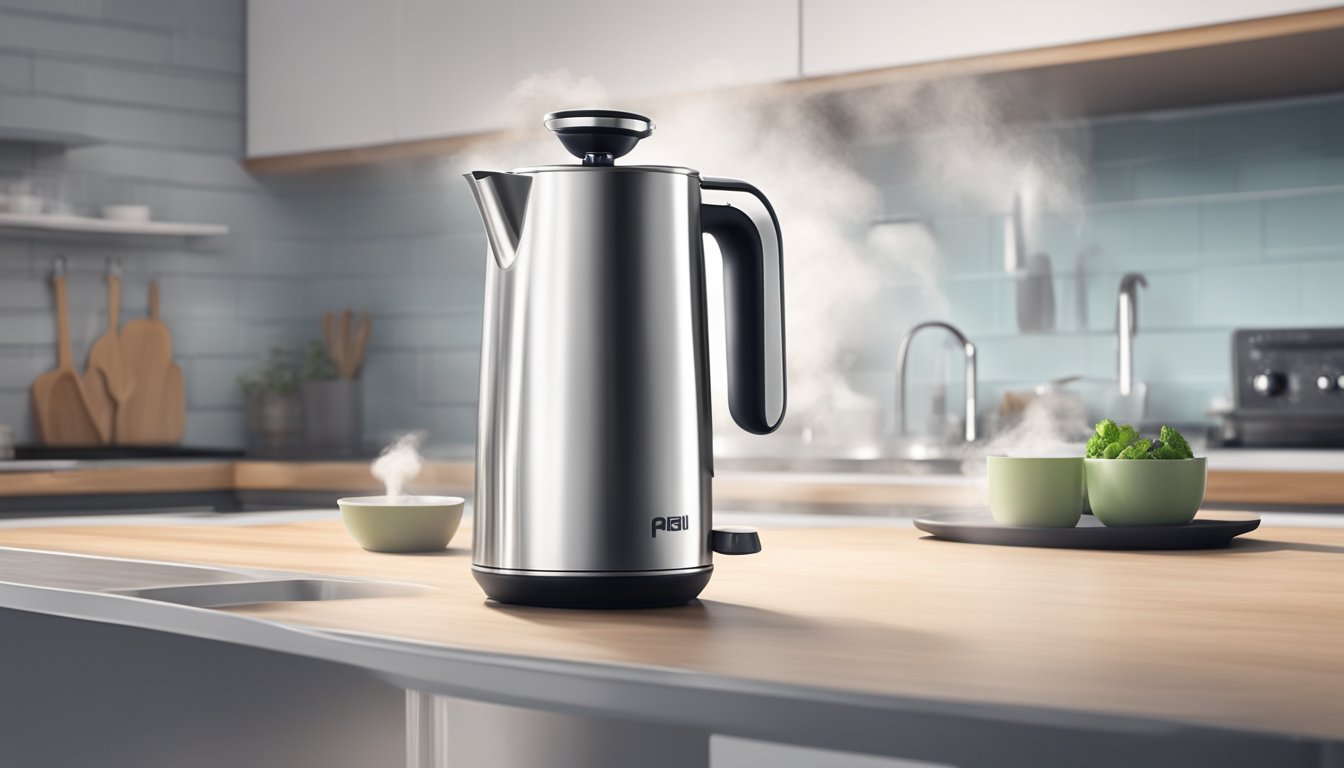A milk frother whirring in a modern kitchen, steam rising from a sleek stainless steel pitcher