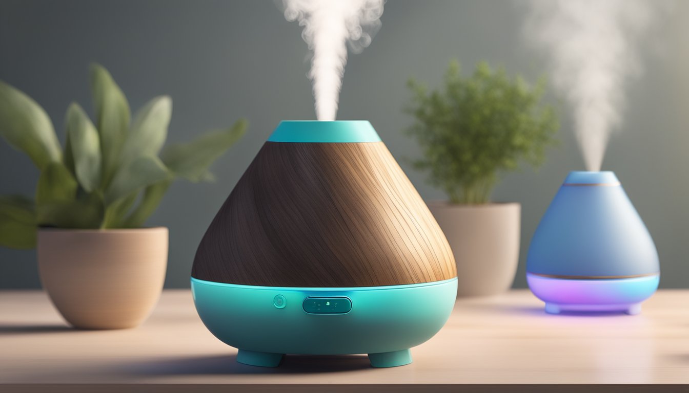 A humidifier and a diffuser sit side by side, emitting moisture and essential oils into the air, creating a calming and soothing atmosphere