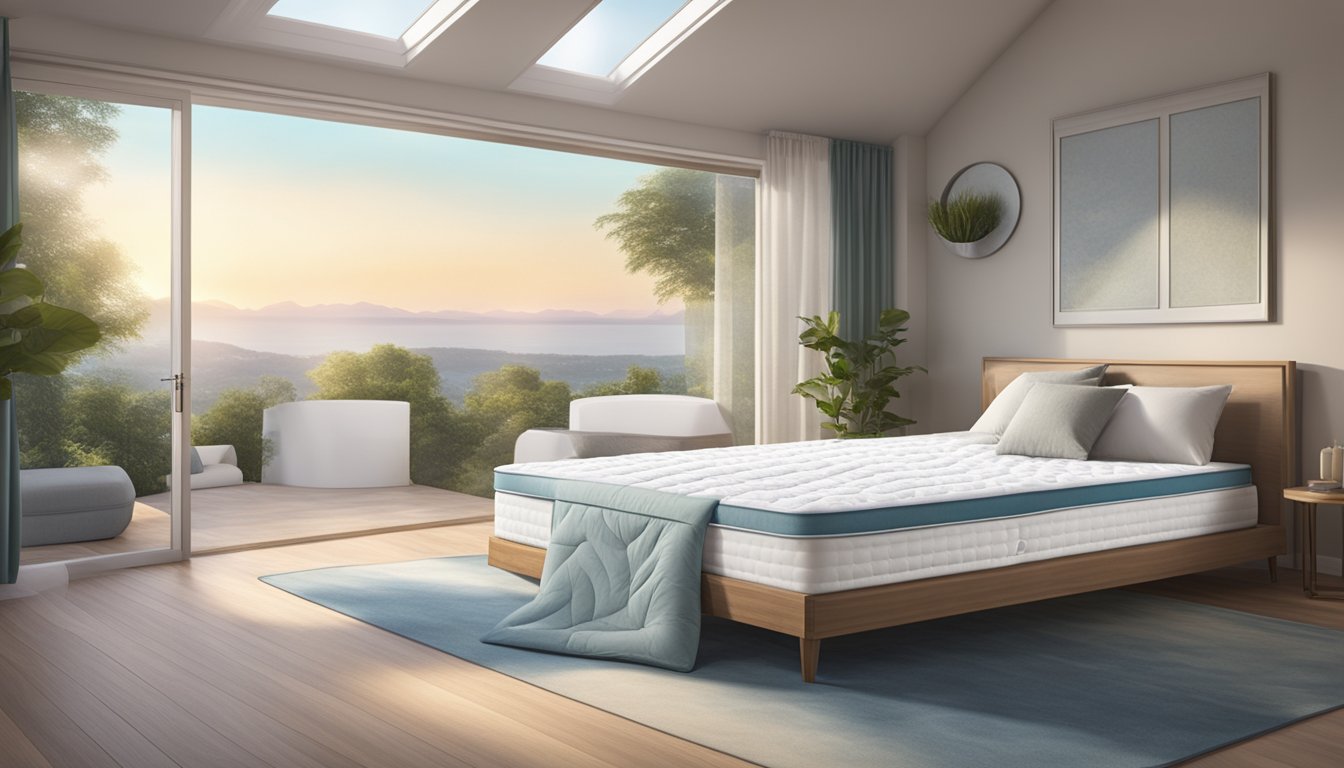 A mattress with a cooling topper, surrounded by a gentle breeze and a serene, relaxed atmosphere