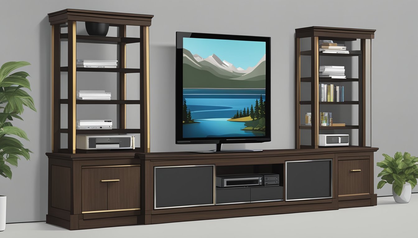 A long TV console holds a flat-screen TV, with shelves for electronic devices, and drawers for storage. The console is made of sleek, dark wood with metallic accents