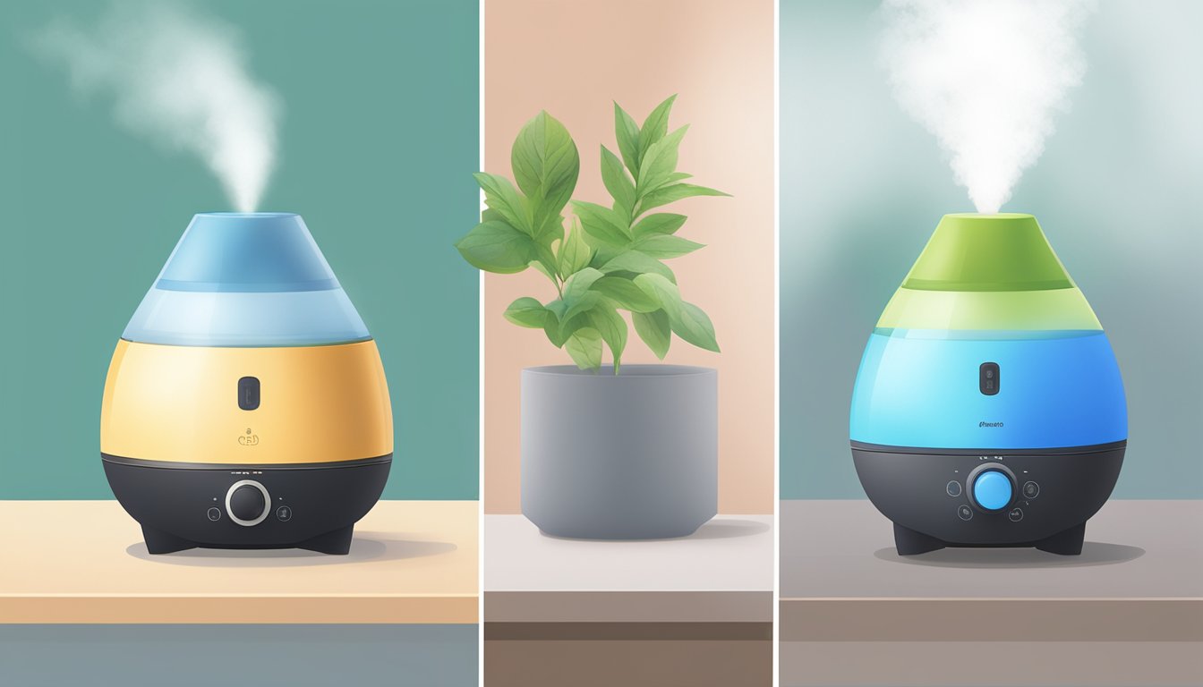 A humidifier and diffuser sit side by side, emitting moisture into the air. They appear similar but serve different purposes