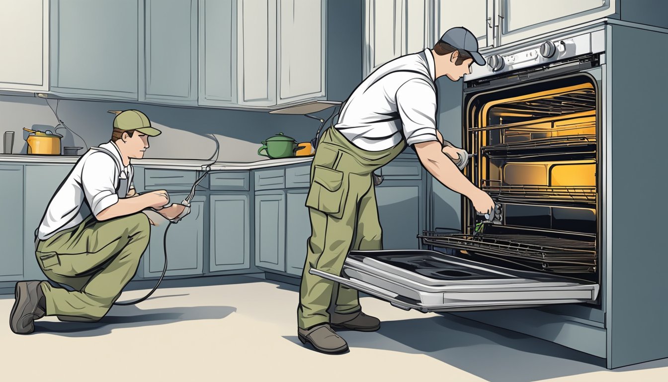 A technician removes old oven, installs new one, connects wiring, and secures in place