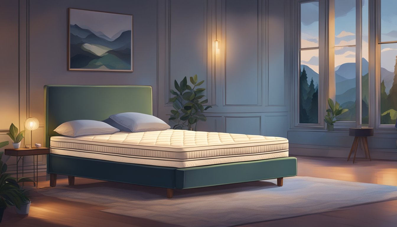 A mattress with a cooling topper, surrounded by a serene, dimly lit bedroom