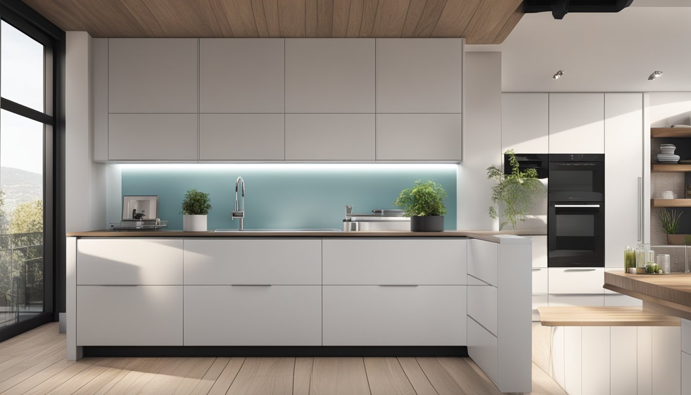 Sleek, handle-less cabinets with clean lines and glossy finishes. Integrated LED lighting illuminates the interior, showcasing organized storage solutions