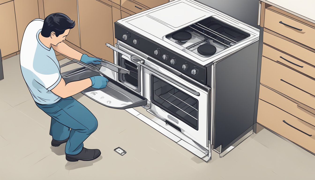 An open oven cavity with a person removing the old oven and installing a new one. Tools and replacement parts are scattered nearby