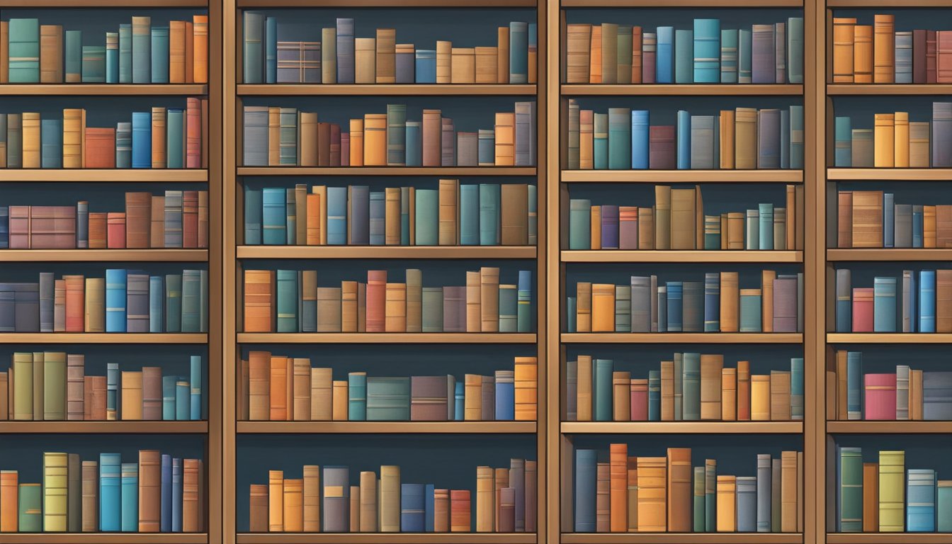 A tall bookshelf filled with books, organized and neatly arranged. The shelves are sturdy and the books are various sizes and colors