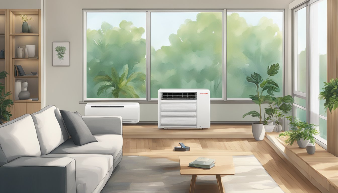 A Mitsubishi aircon unit with two indoor systems, surrounded by a clean and modern living room setting