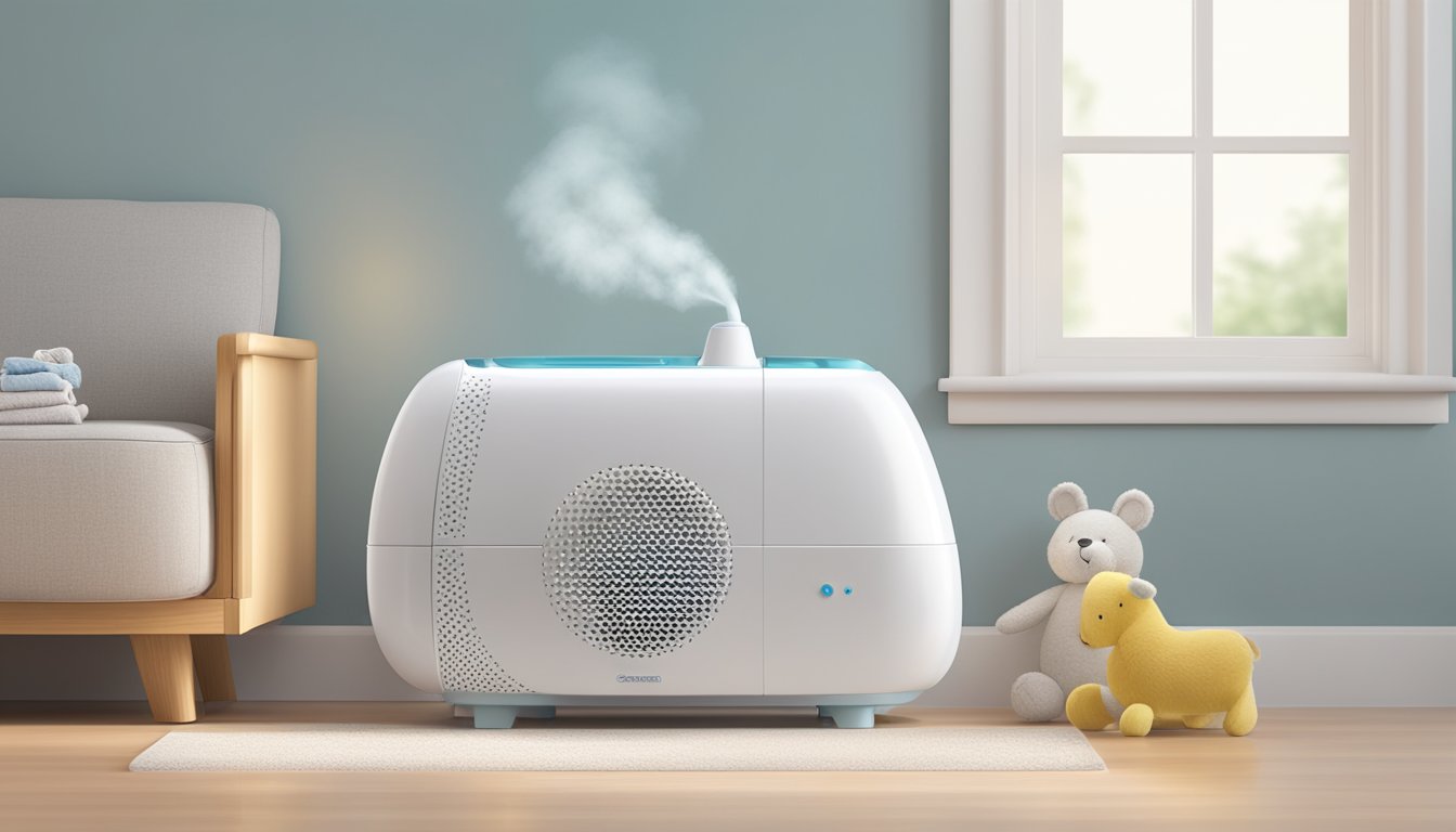 A humidifier and dehumidifier stand side by side, surrounded by baby items. The humidifier emits a gentle mist, while the dehumidifier collects moisture from the air