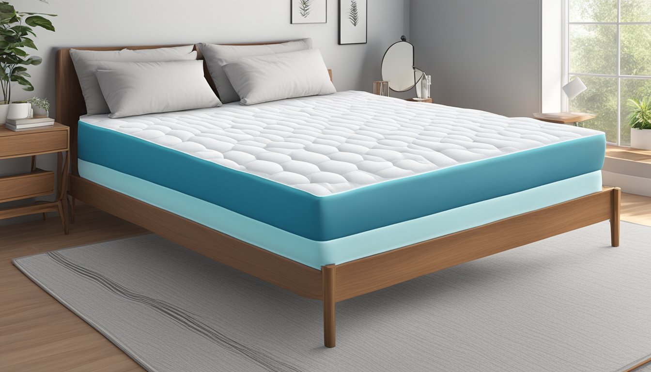 A cooling mattress topper is placed on a bed, with a soft, breathable fabric and cooling gel infused to provide a comfortable and cool sleeping surface