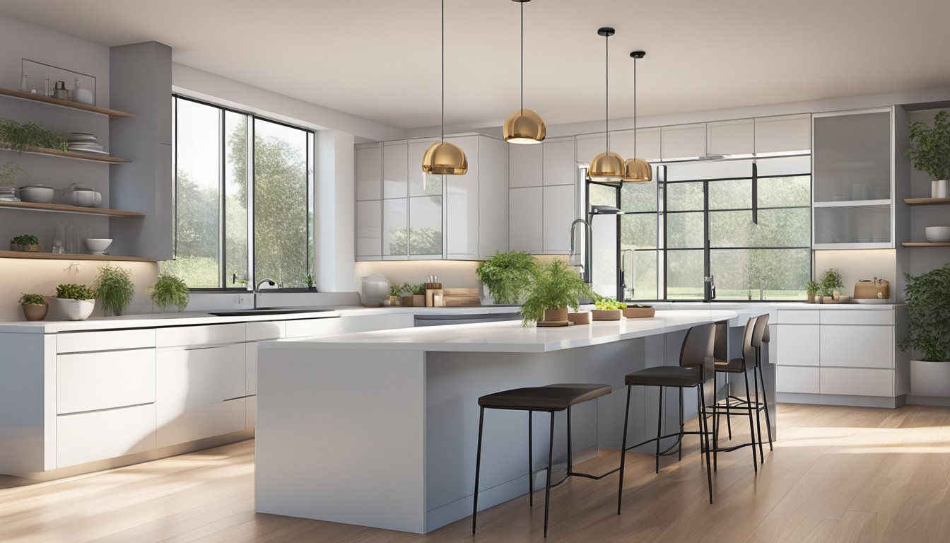 A sleek, minimalist kitchen with modern cabinets, clean lines, and high-quality materials. Bright, natural light floods the space, illuminating the sleek surfaces and creating a welcoming atmosphere