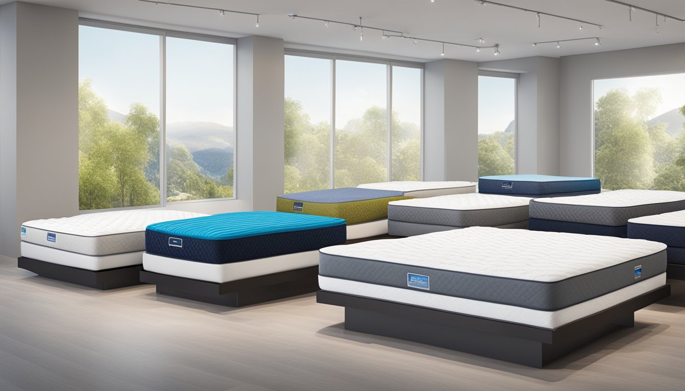 A display of various Maxcoil mattresses in a well-lit showroom
