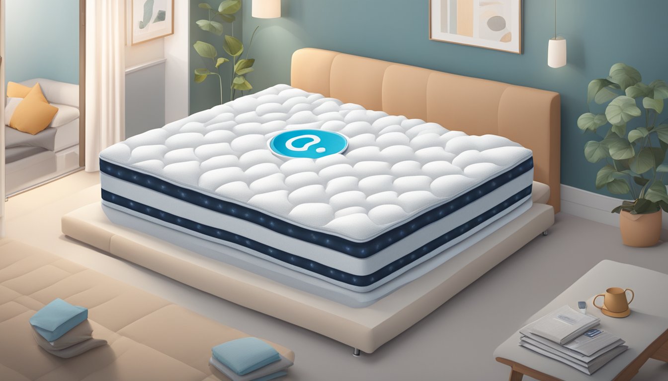 A mattress with a cooling topper, surrounded by question marks and a FAQ sign