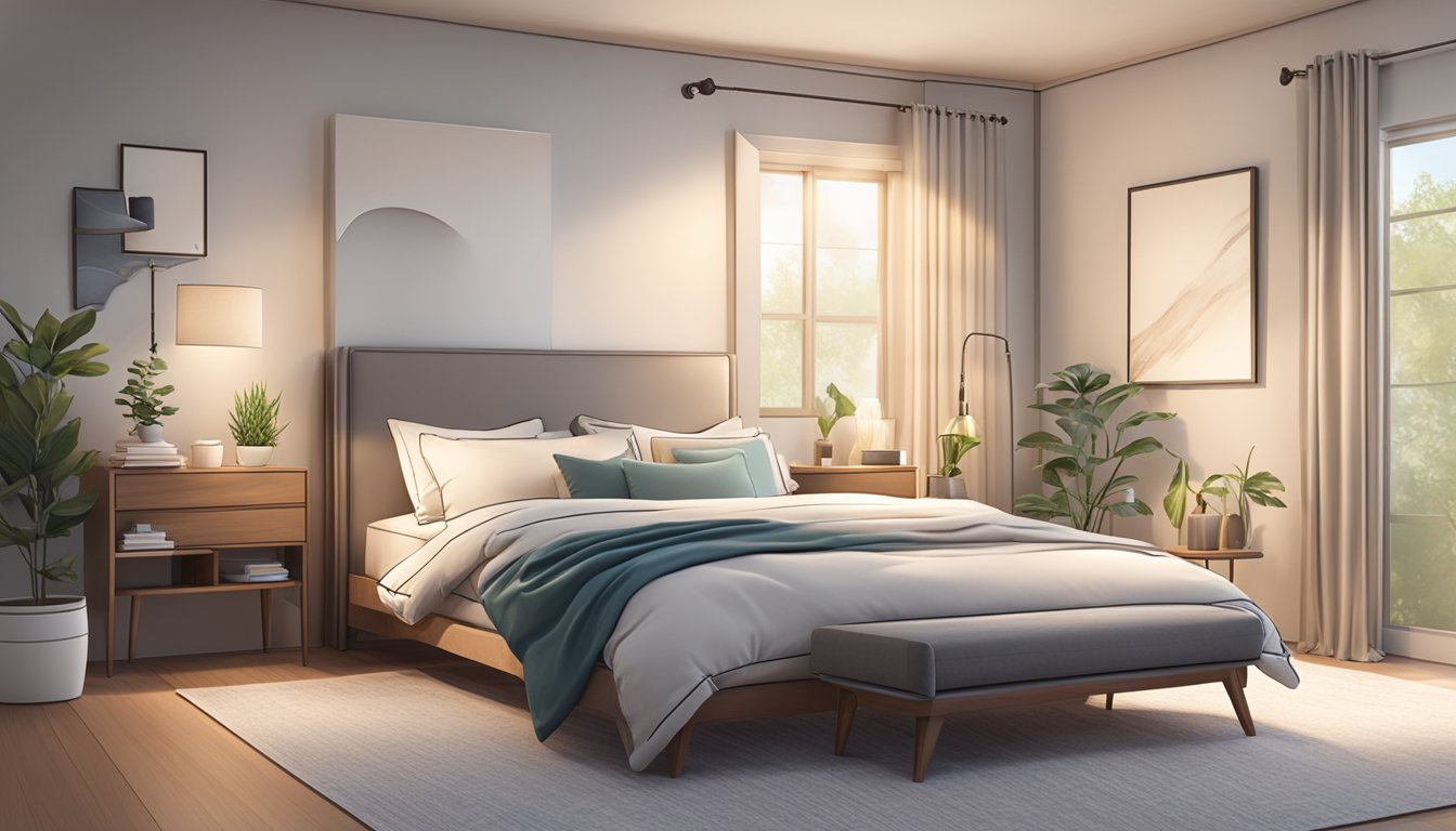 A cozy bedroom with a neatly made bed featuring a Maxcoil mattress. A stack of pillows and a soft duvet add to the inviting atmosphere