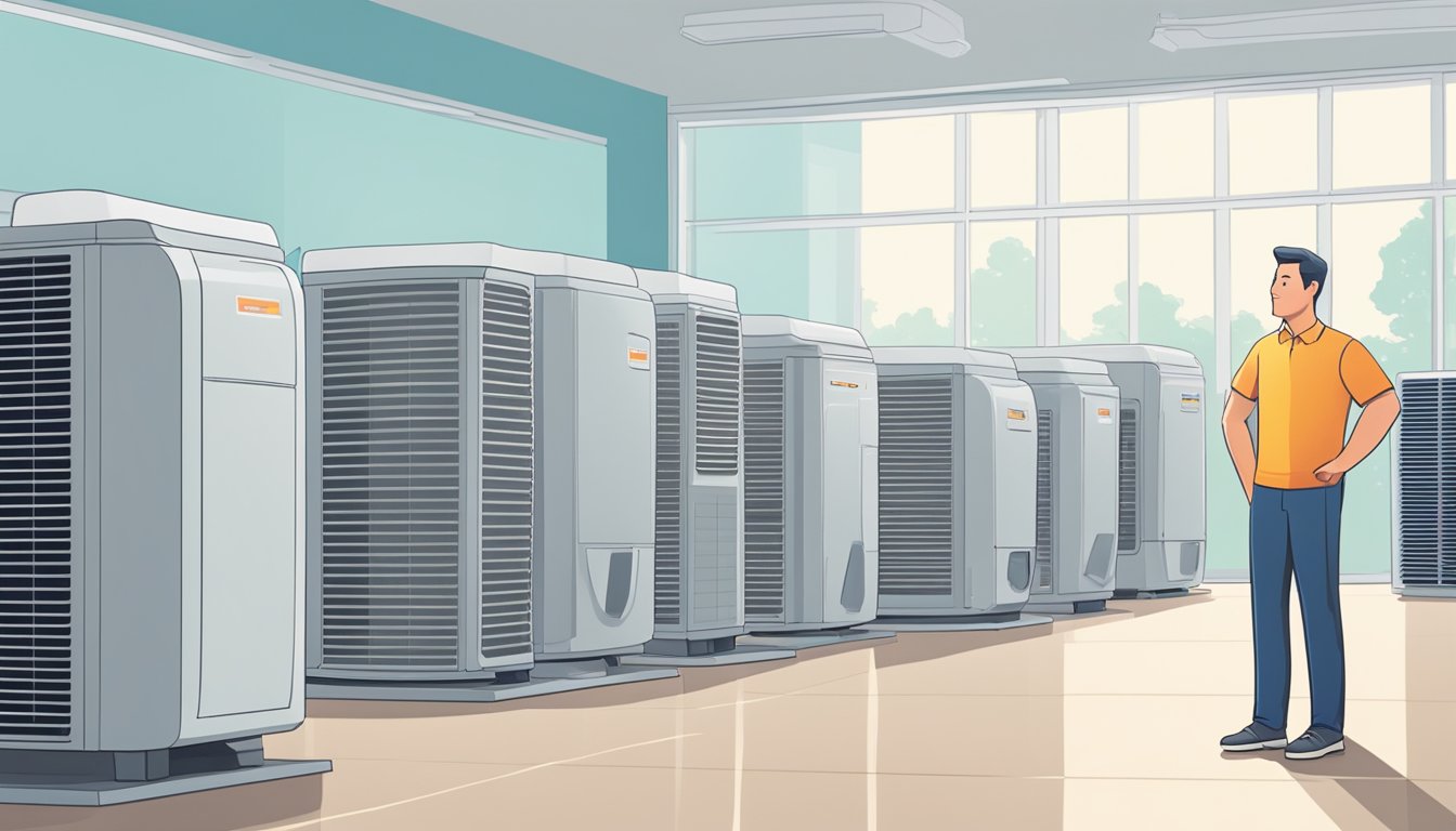 A person stands in front of a row of different air conditioning units, carefully comparing their features and sizes. The bright, well-lit showroom provides the perfect backdrop for the scene