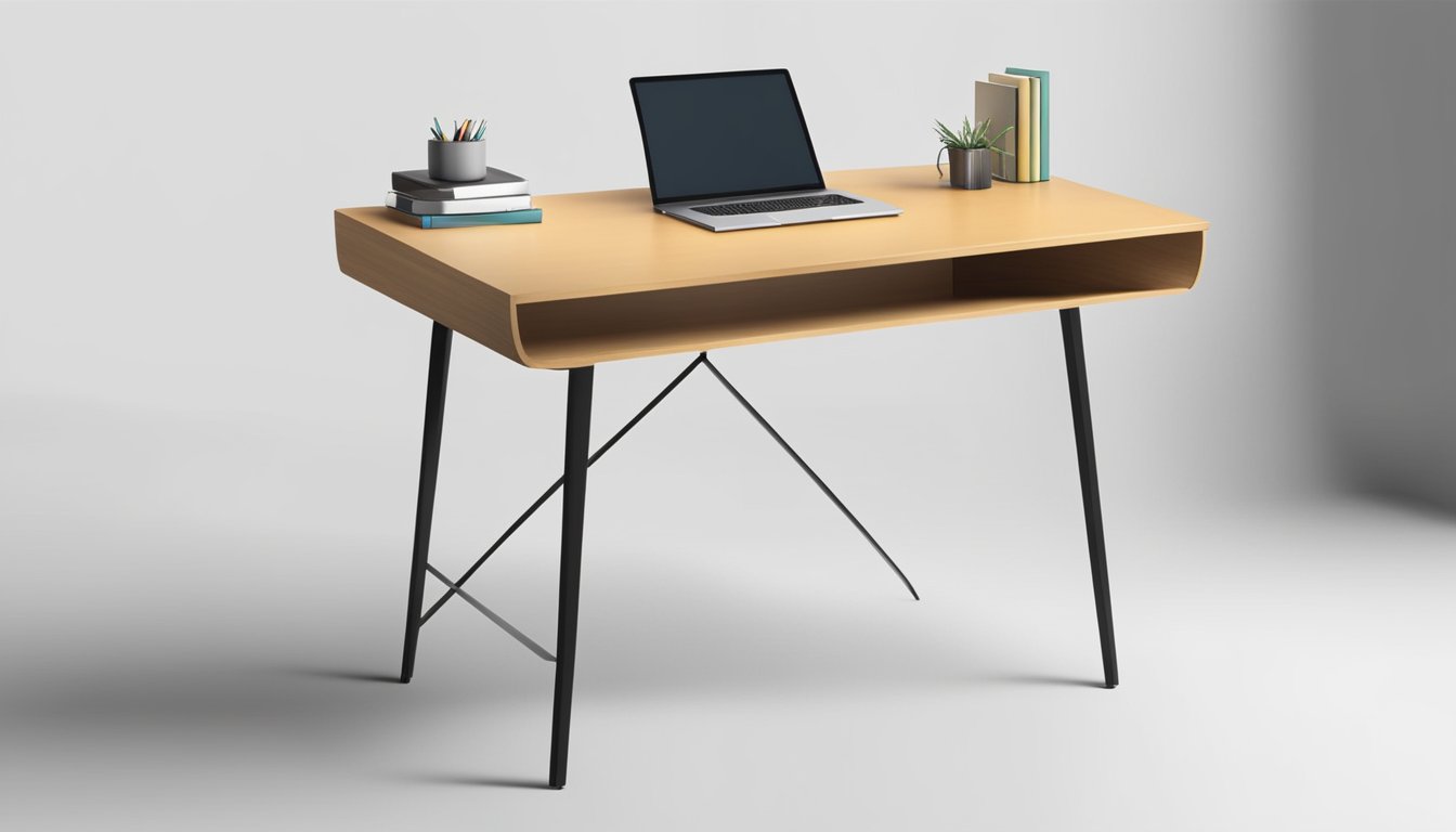 A study table with a sleek, minimalist design. It has a sturdy wooden top with metal legs, a built-in drawer, and a small shelf for books or supplies