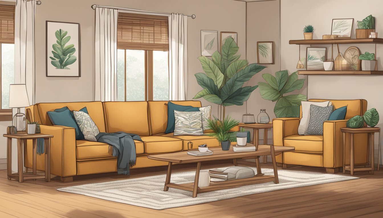 A wooden sofa set sits in a cozy living room, adorned with plush cushions and surrounded by warm, inviting decor