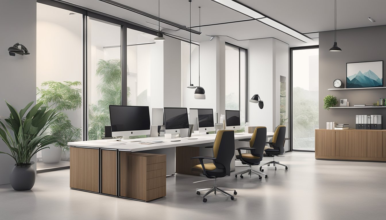 A modern office space with sleek furniture, minimalist decor, and a large logo reading "flo design pte ltd" on the wall
