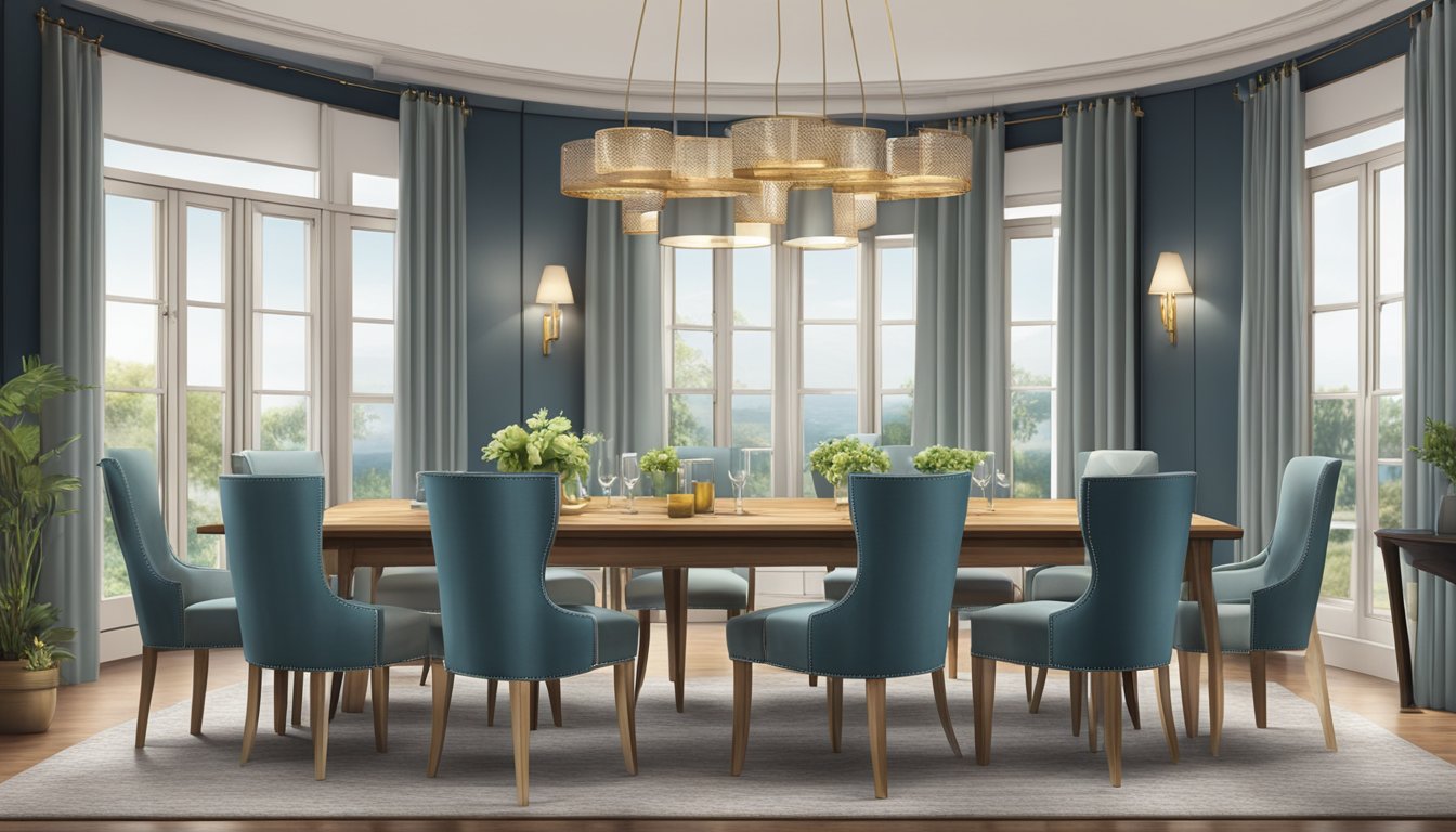 A beautifully set dining table with a variety of stylish chairs surrounding it, creating an inviting and elegant atmosphere