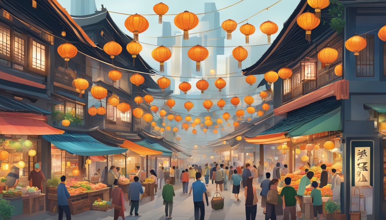 A bustling Asian market with colorful stalls and lively customers, surrounded by traditional shophouses and adorned with lanterns