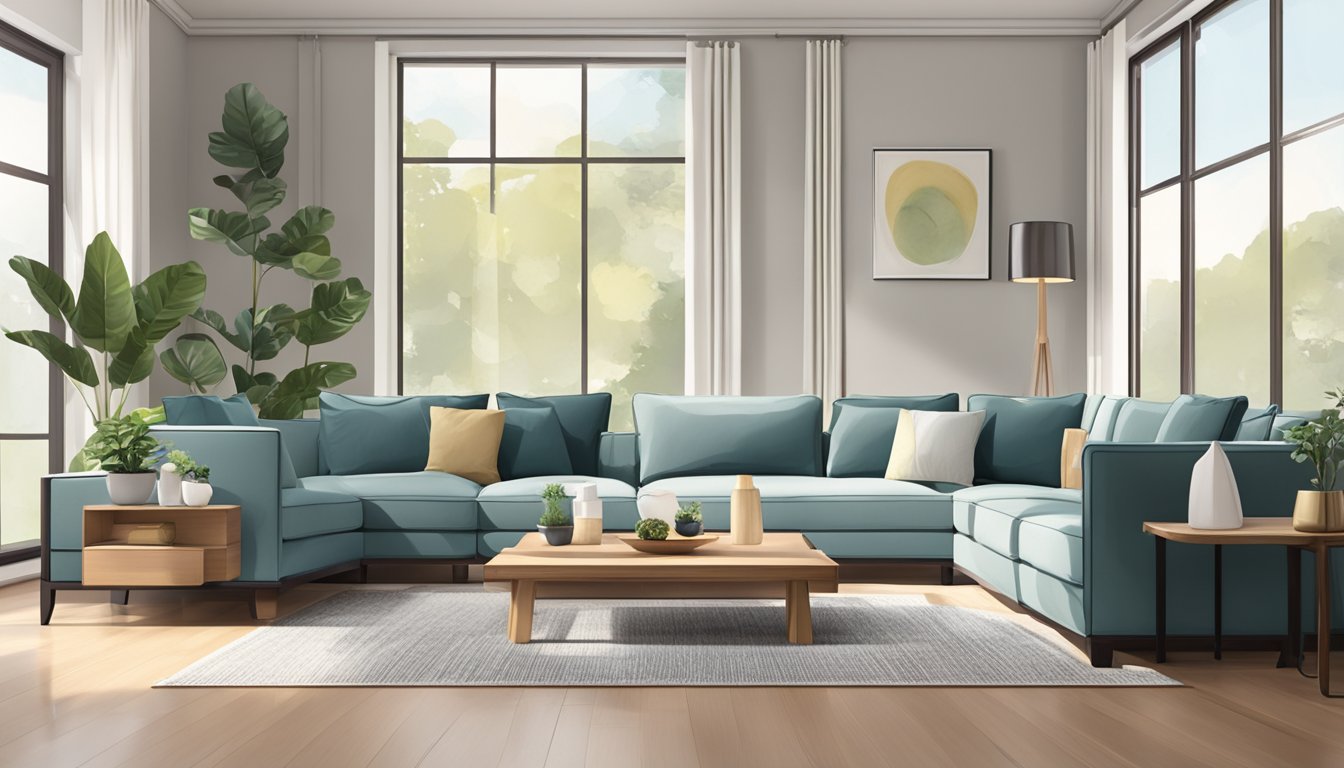 A wooden sofa set sits in a spacious, well-lit living room. The sofa's clean lines and minimalist design exude a sense of modern elegance