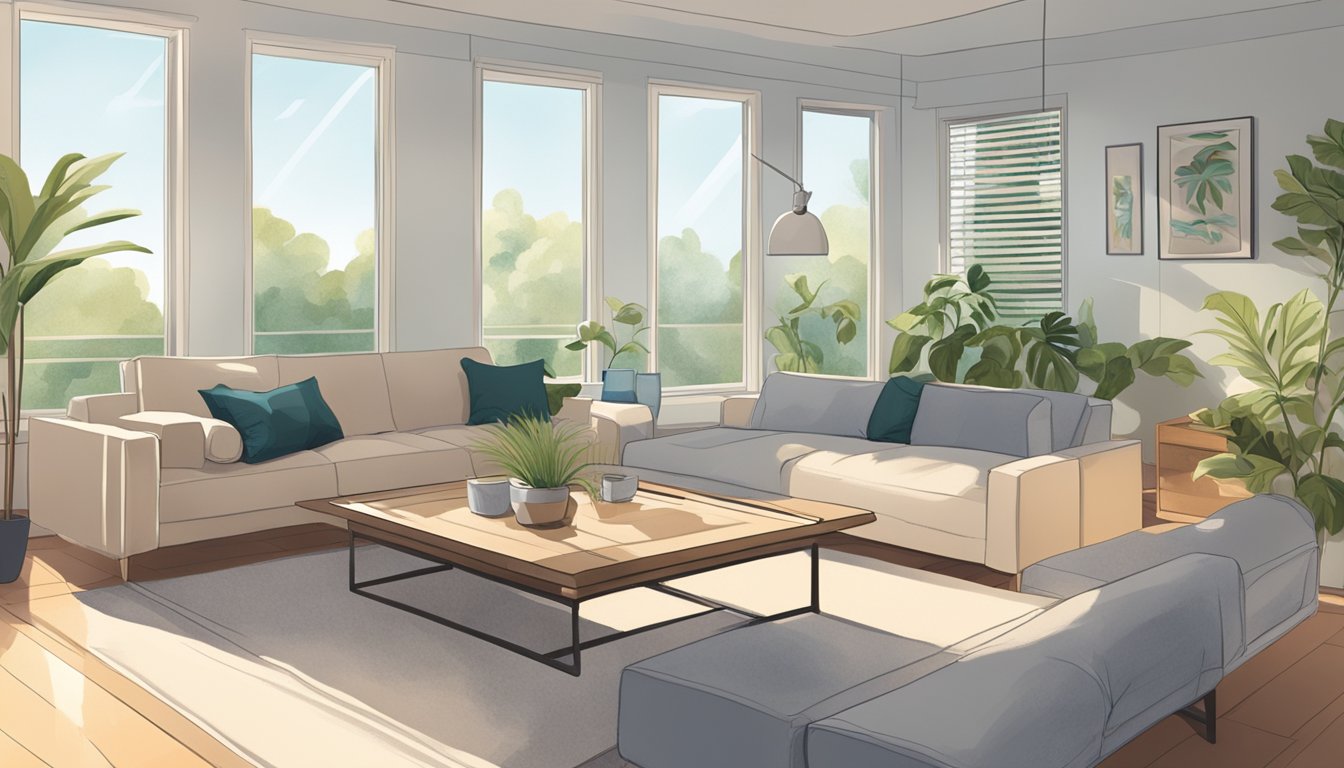 A modern, sleek air conditioning unit sits prominently in a well-lit room, surrounded by comfortable furniture and plants, with a subtle breeze flowing through the space