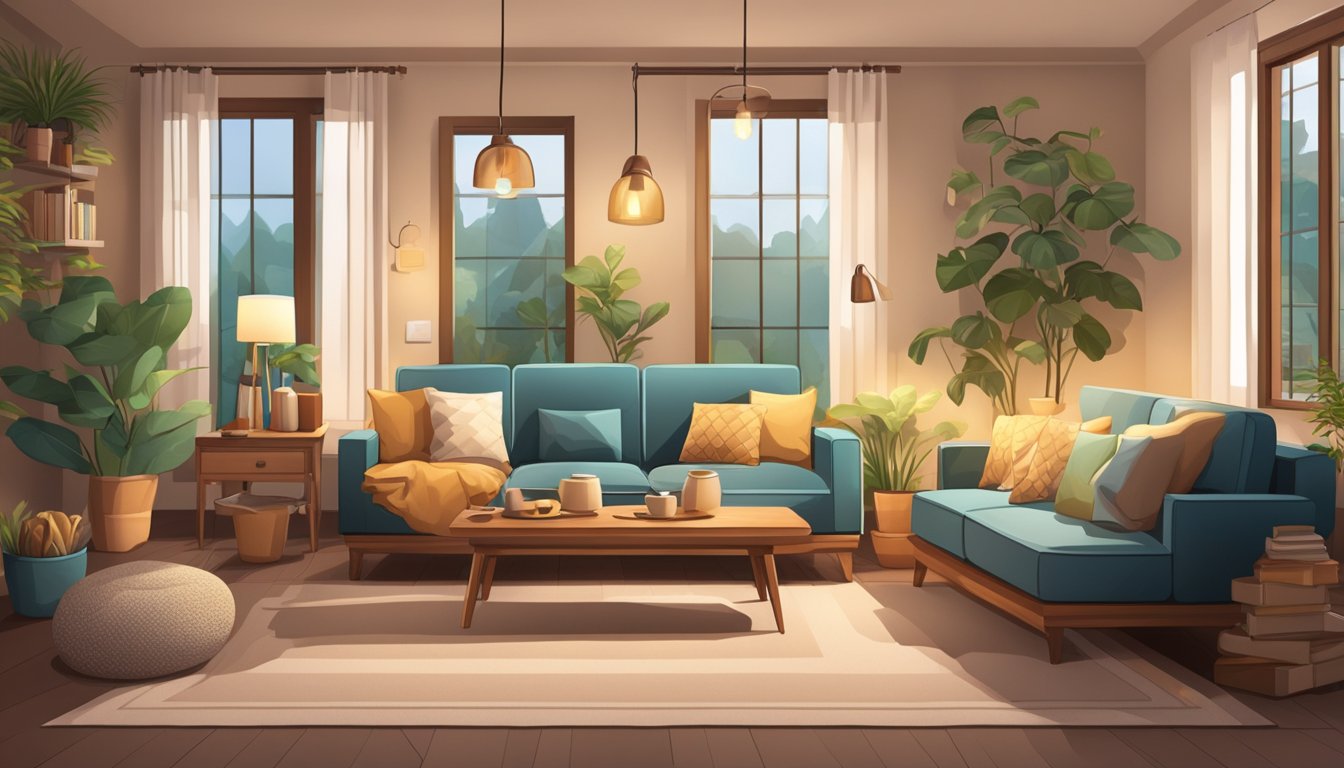 A cozy living room with a wooden sofa set, soft cushions, and warm lighting, creating a comfortable and inviting atmosphere
