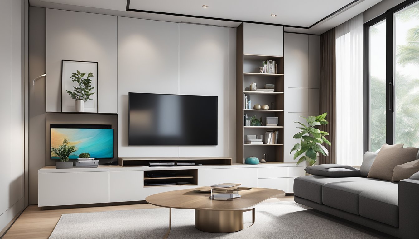 A sleek, minimalist TV console in a modern Singapore living room, with clean lines, integrated storage, and a high-gloss finish