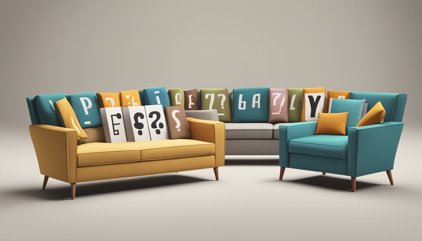 A wooden sofa set surrounded by question marks, with a sign reading "Frequently Asked Questions" above it