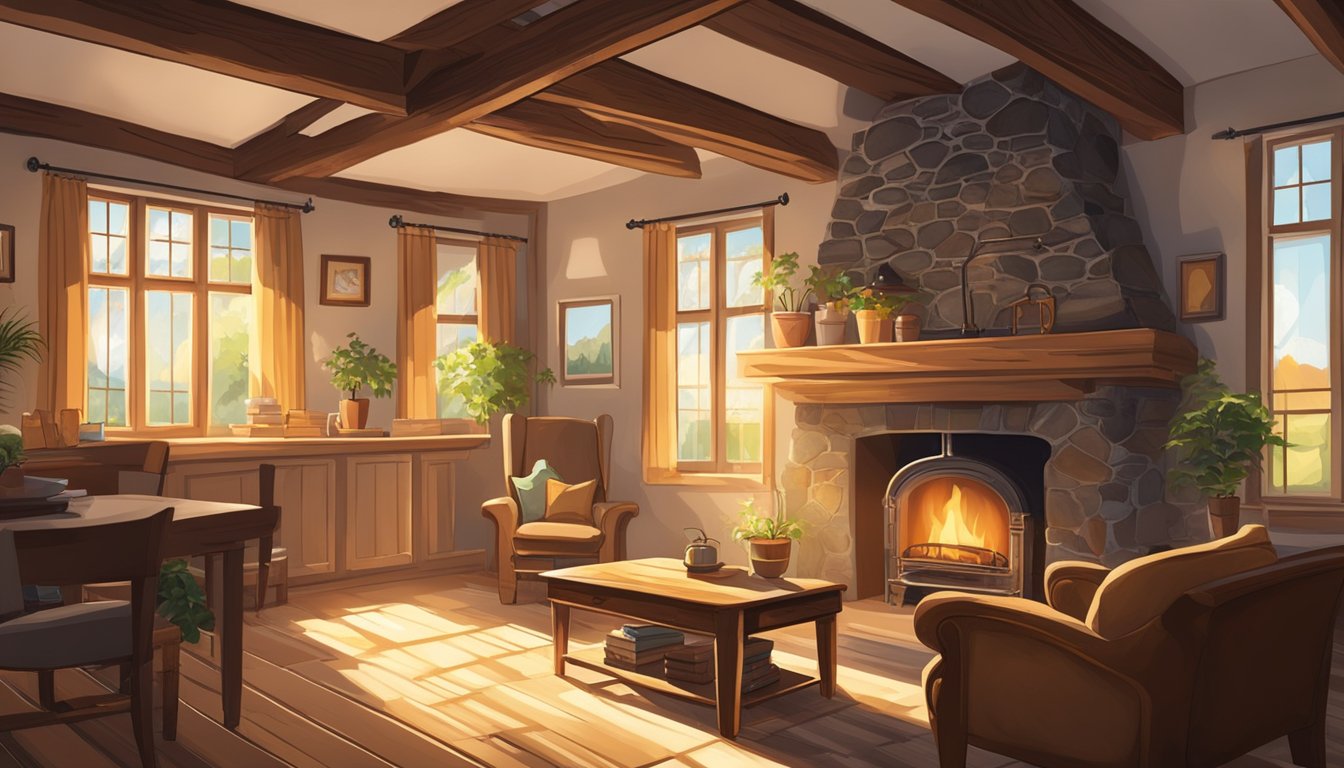 A cozy, rustic interior with exposed wooden beams, a stone fireplace, and vintage furniture. Sunlight streams through the windows, casting warm, inviting shadows