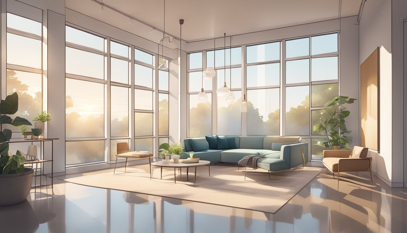 A modern interior design space with clean lines, minimalist furniture, and a neutral color palette. Light streams in through large windows, illuminating the space