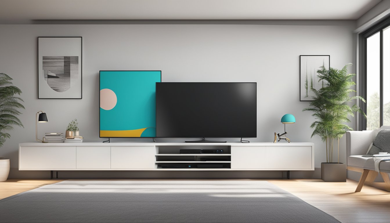 A sleek, minimalist TV console sits against a white wall, with a large flat-screen TV mounted above it. The console features clean lines, a glossy finish, and ample storage space